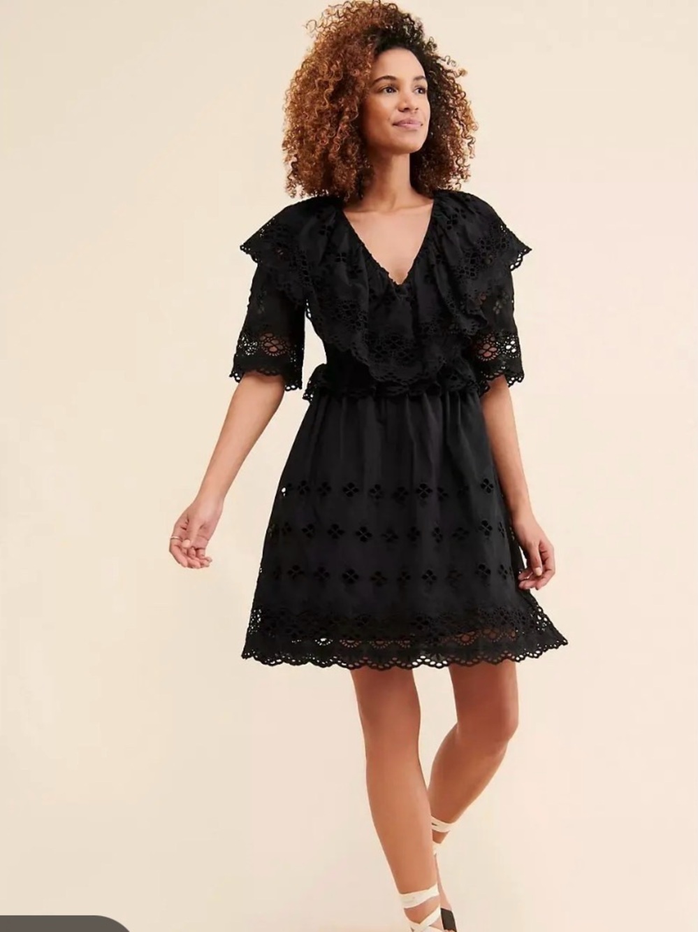 Free people Antik Batik Black eyelet Long Sleeve mini Dress 100% cotton